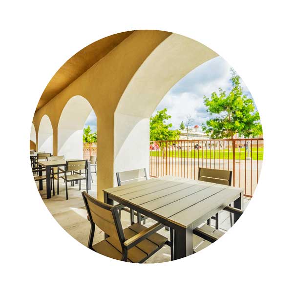Community patio with outdoor furniture